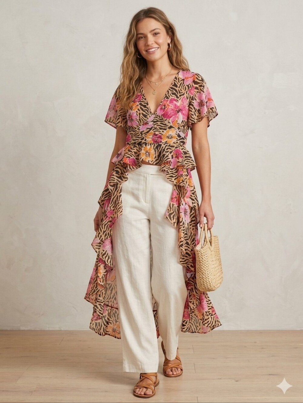 Girl Soul Floral & Tan Zebra-Print High-Low Top